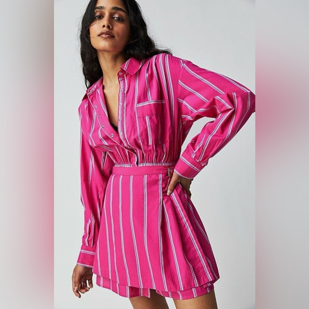Free People Fuchsia Striped Long Sleeve Dress